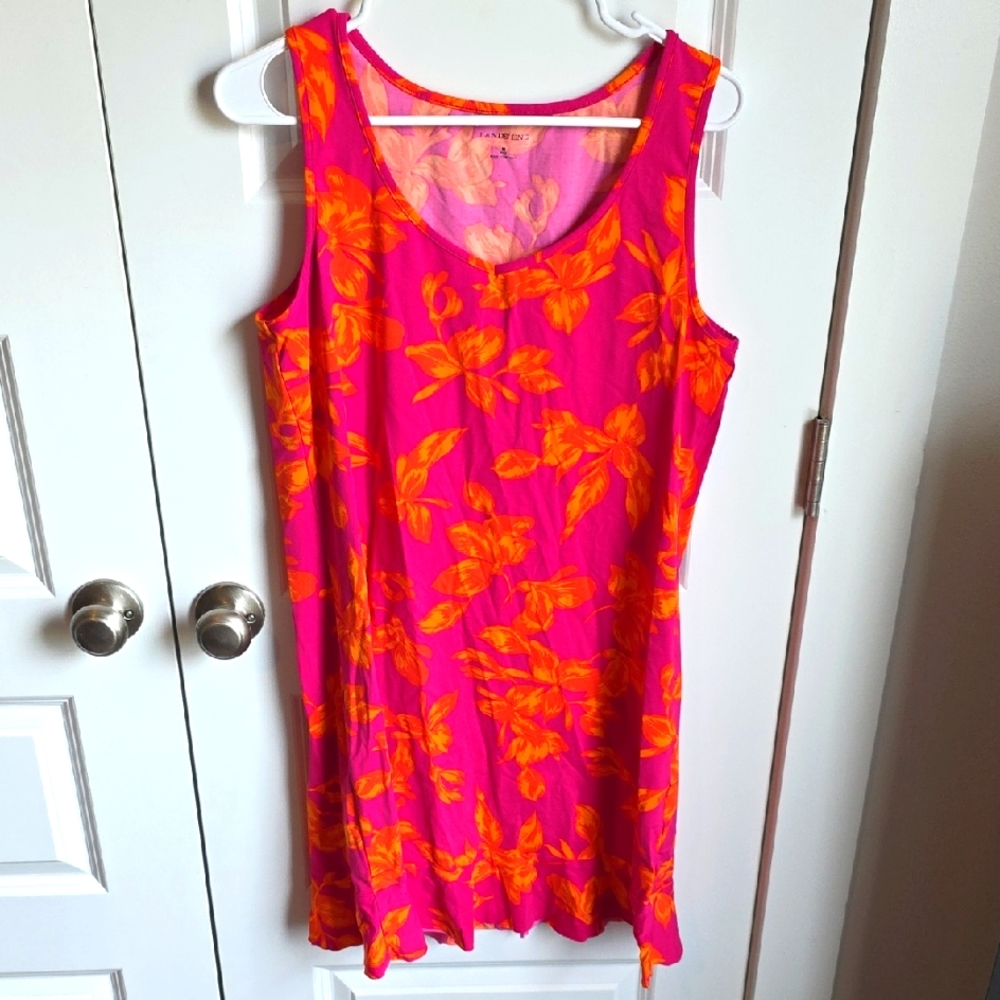 Lands' End Pink and Orange Floral Swim Cover Dress In Women's Medium(10-12) NWOT